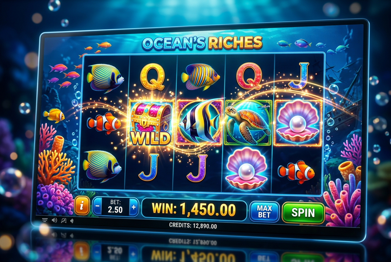 Detailní záběr na digitální hru s tematikou hlubokého moře v moderním casinu