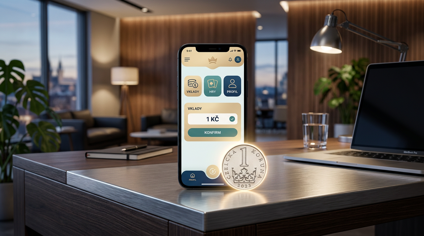 Moderní mobilní casino aplikace a mince 1 Kč symbolizující minimální vklad.