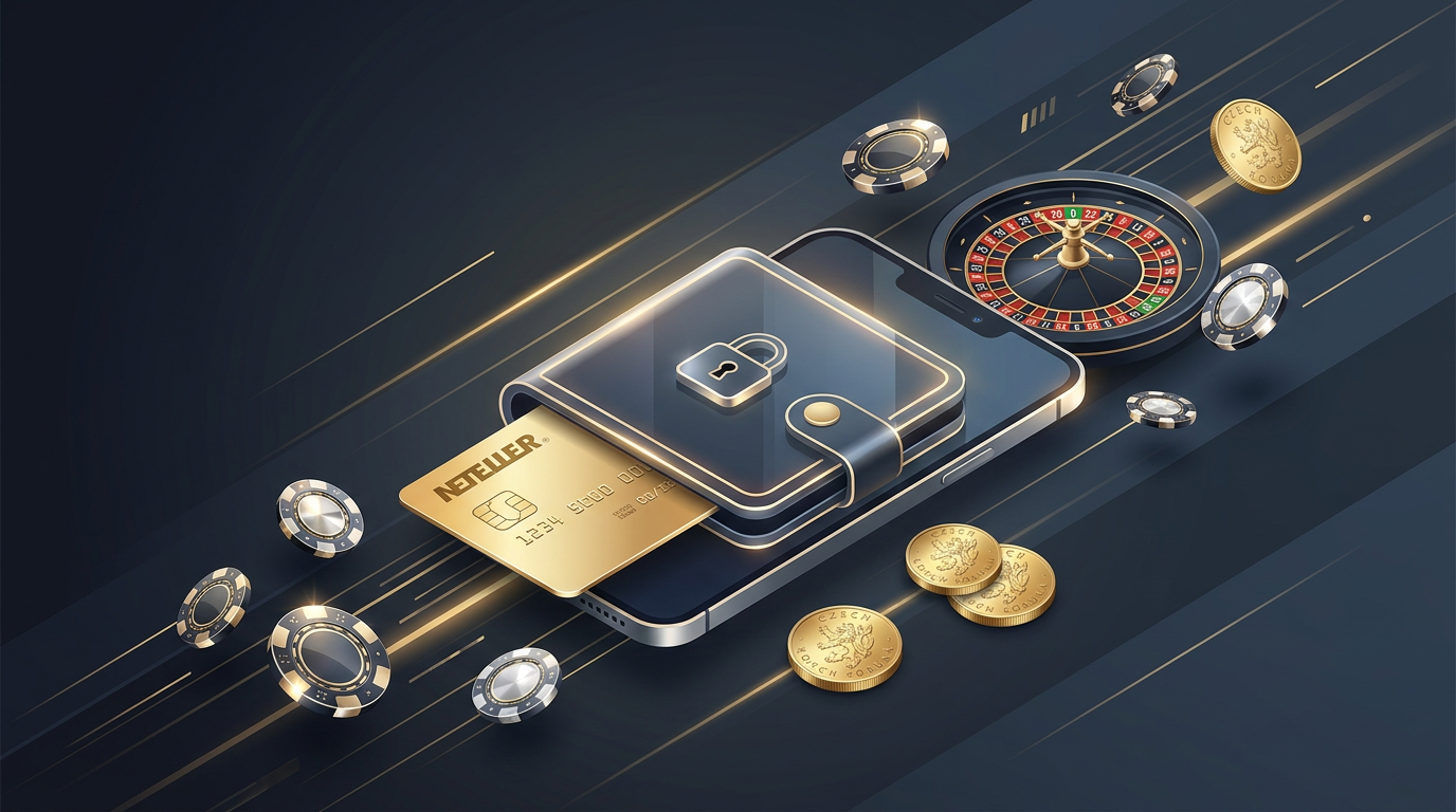 Neteller logo and digital wallet with casino symbols and CZK coins.