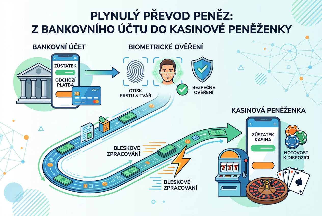 Infografika cesty peněz z bankovního účtu do kasina při vkladu 200 Kč